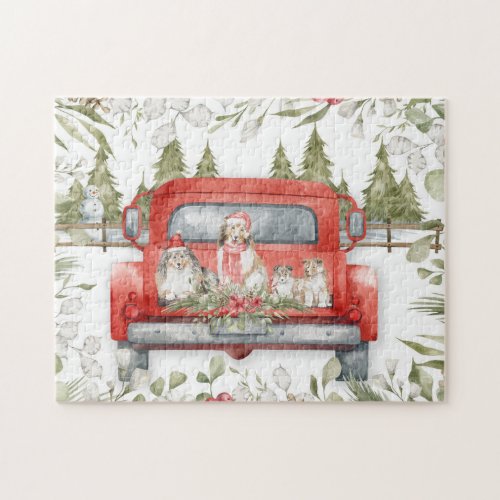 Sheltie Family in Red Truck Christmas  Jigsaw Puzzle