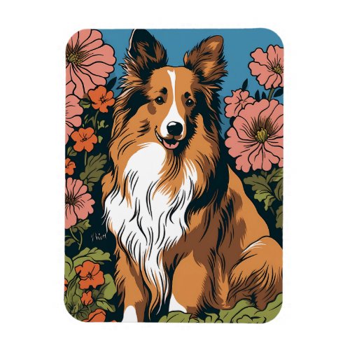 Sheltie Flower Gardener Art Cute Cottagecore Dog Magnet