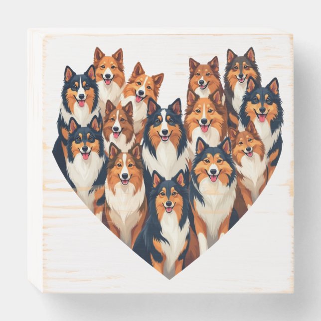 Sheltie Heart Illustration Cute Shetland Sheepdog Wooden Box Sign (Front Horizontal)