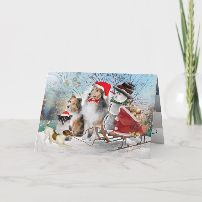 Sheltie, Jack Russell and Snowman Xmas Cards (Front)