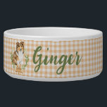 Sheltie Laurel in a Laurel Branch  | Personalized Bowl<br><div class="desc">This pretty bowl features a Sheltie Laurel in a laurel branch wreath on a yellow gingham background. Colors include,  brown,  tan,  olive green and mustard yellow. You can personalize with your pet's name.</div>