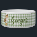Sheltie Laurel in a Laurel Branch  | Personalized Bowl<br><div class="desc">This pretty bowl features a Sheltie Laurel in a laurel branch wreath on an olive green gingham background. Colors include,  brown,  tan,  olive green and mustard yellow. You can personalize with your pet's name.</div>
