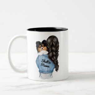 Sheltie Mama Black w Tri-Color Shetland Sheepdog  Two-Tone Coffee Mug