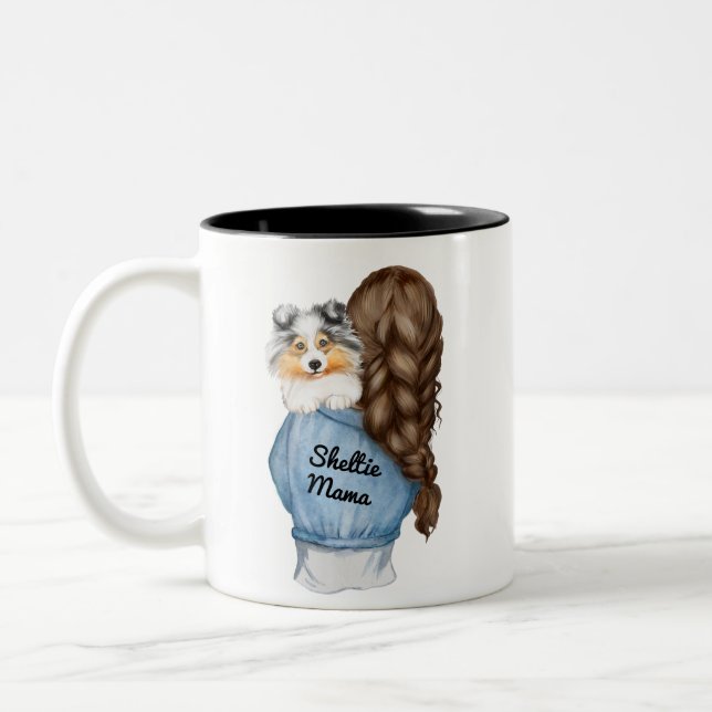 Sheltie Mama Brunette w Merle Shetland Sheepdog Two-Tone Coffee Mug (Left)