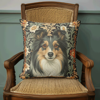 Sheltie or Collie Dog in William Morris Style Throw Pillow