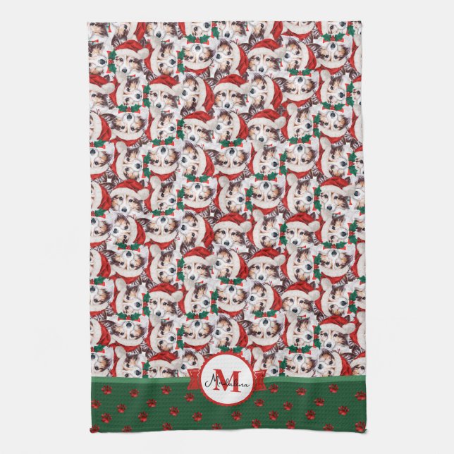 Sheltie Pattern Monogram Christmas Dog Kitchen Towel (Vertical)