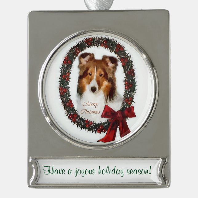 Sheltie Personalized Christmas Silver Plated Banner Ornament (Front)