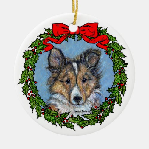 Sheltie Pup Art by Glenda S Harlan Ceramic Ornament