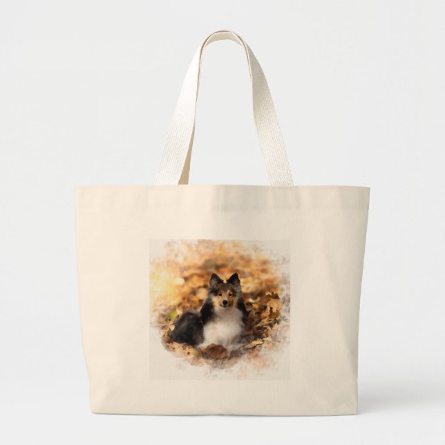 Sheltie Shetland Sheepdog Art Painting Large Tote Bag (Front)