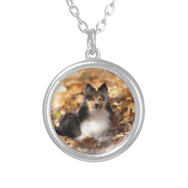 Sheltie Shetland Sheepdog Art Painting Silver Plated Necklace (Front)