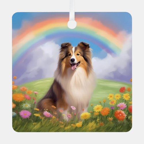 Sheltie Shetland Sheepdog Custom Dog Name Rainbow Metal Ornament