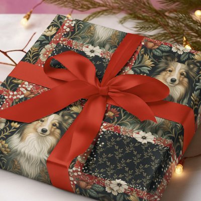 Sheltie Shetland Sheepdog Victorian Floral Wrapping Paper