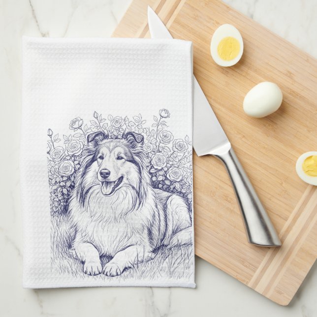 Sheltie Sketch with Rose Bush Kitchen Towel (Quarter Fold)