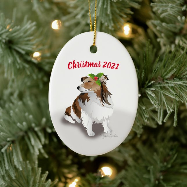 Sheltie with Green Holly Christmas Ornament (Tree)