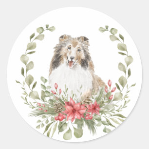 Shelties in a Christmas Wreath Classic Round Sticker