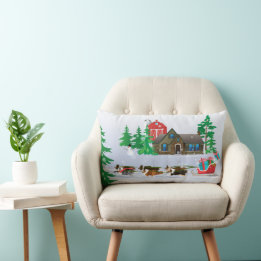 Shelties Pulling Sleigh, Barn, Holiday Christmas Lumbar Pillow