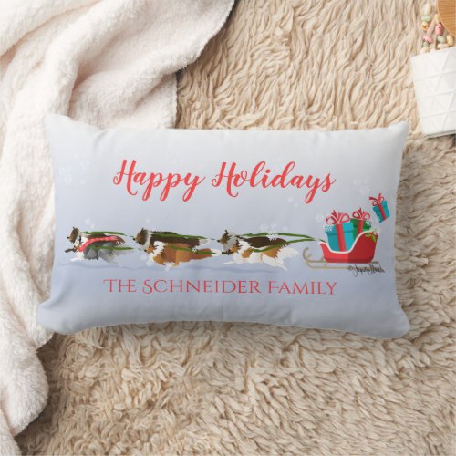 Shelties Pulling Sleigh Snowing Holiday Christmas Lumbar Pillow