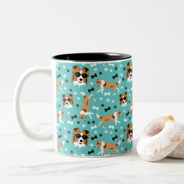Shelties Shetland Sheepdogs Mini Collie Dog Two-To Two-Tone Coffee Mug (With Donut)