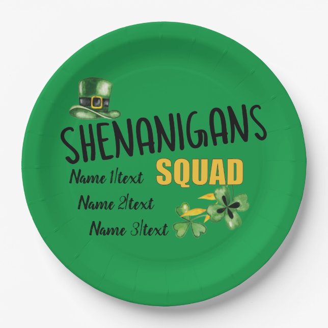 Shenanigans Squad, Green St. Patrick's Day Party Paper Plates (Front)