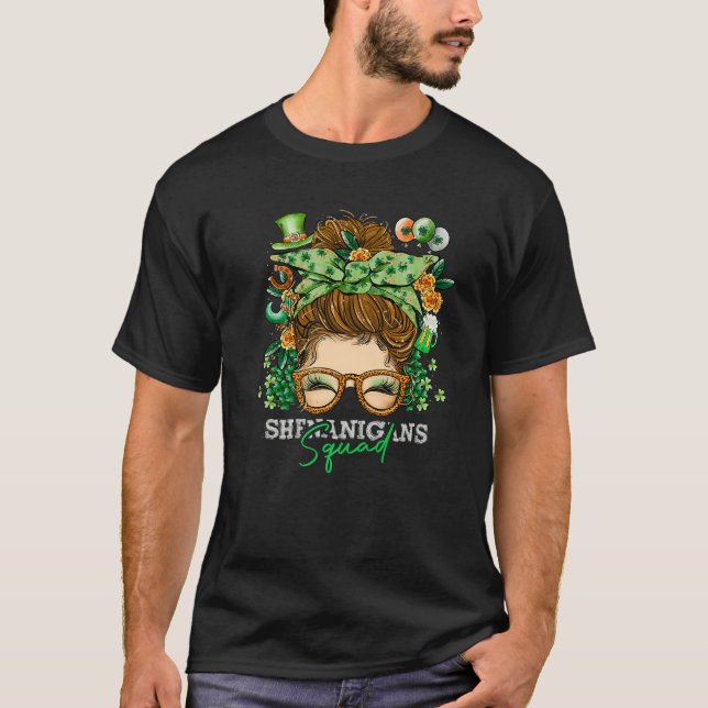 Shenanigans Squad Leopard Messy Bun St Patrick's D T-Shirt (Front)