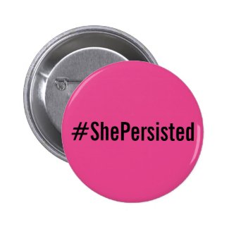 #ShePersisted, bold black text on hot pink button