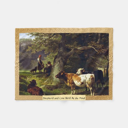 Shepherd and Cow Herd At the Pond Fleece Blanket