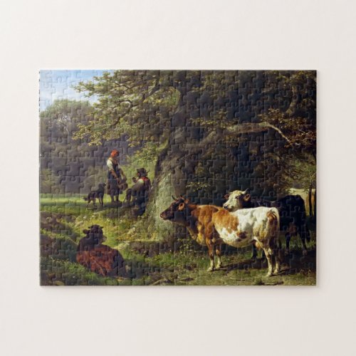 Shepherd and Cow Herd At the Pond Jigsaw Puzzle