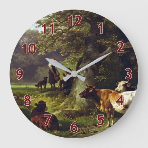 Shepherd and Cow Herd At the Pond Large Clock