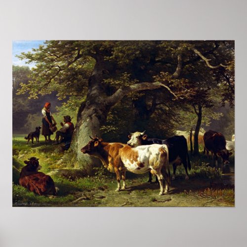 Shepherd and Cow Herd At the Pond Poster