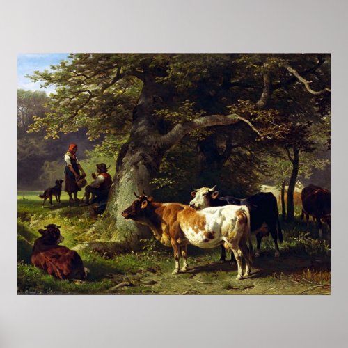 Shepherd and Cow Herd at the Pond Poster