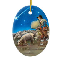 Shepherd and sheep ceramic ornament