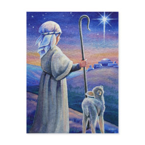 Shepherd Boy Lamb & Star Christmas Watercolor Art Postcard