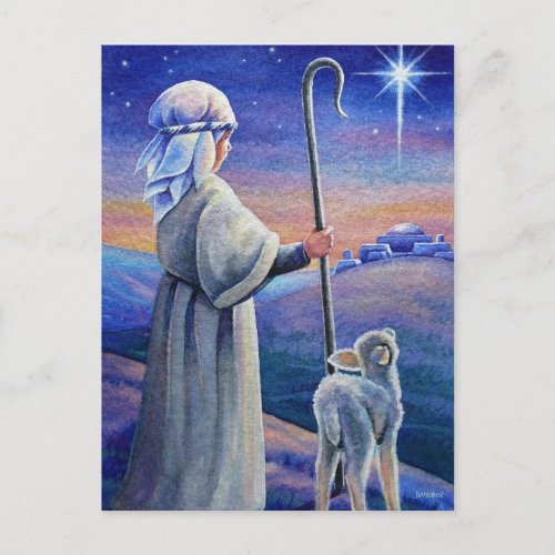 Shepherd Boy Lamb  Star Christmas Watercolor Art Postcard