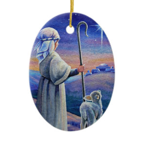 Shepherd Boy Lamb & Star Watercolor Art Ceramic Ornament