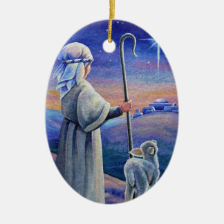 Shepherd Boy Lamb & Star Watercolor Art Ceramic Ornament