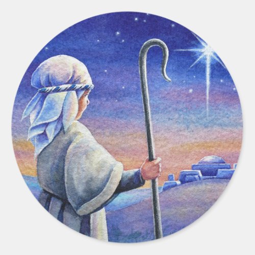 Shepherd Boy Lamb  Star Watercolor Art Classic Round Sticker