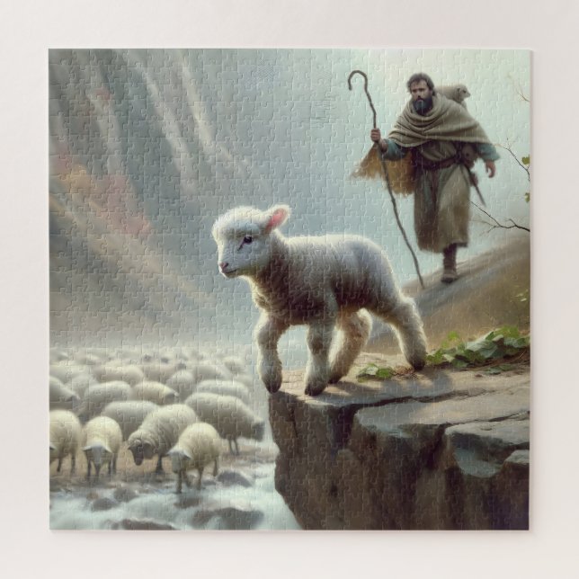 Shepherd Chasing a Lost Lamb On a Mountain Cliff Jigsaw Puzzle (Vertical)