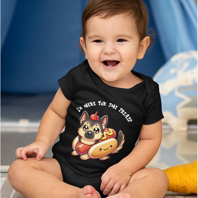 Shepherd Dog in a Hot Dog Costume, Funny Halloween Baby Bodysuit (Creator Uploaded)