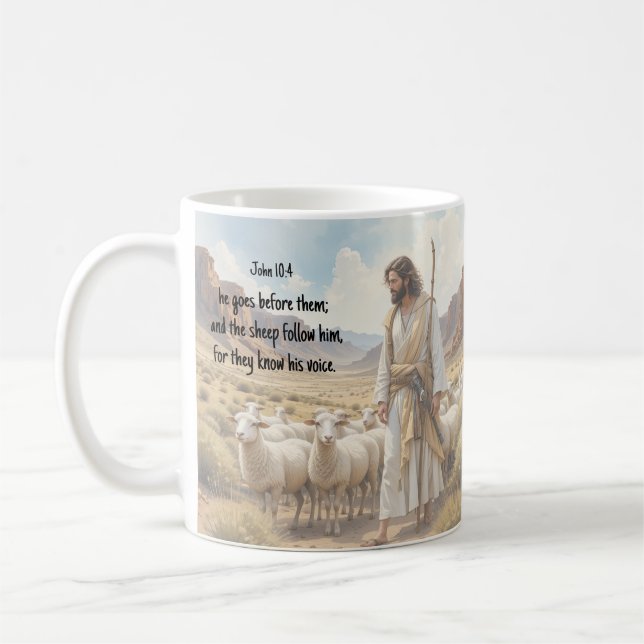 Shepherd goes before them Bible Scripture Coffee Mug (Left)
