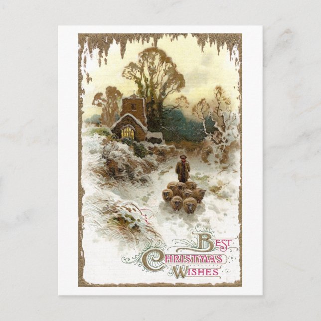 Shepherd Herding Sheep Vintage Christmas Holiday Postcard (Front)