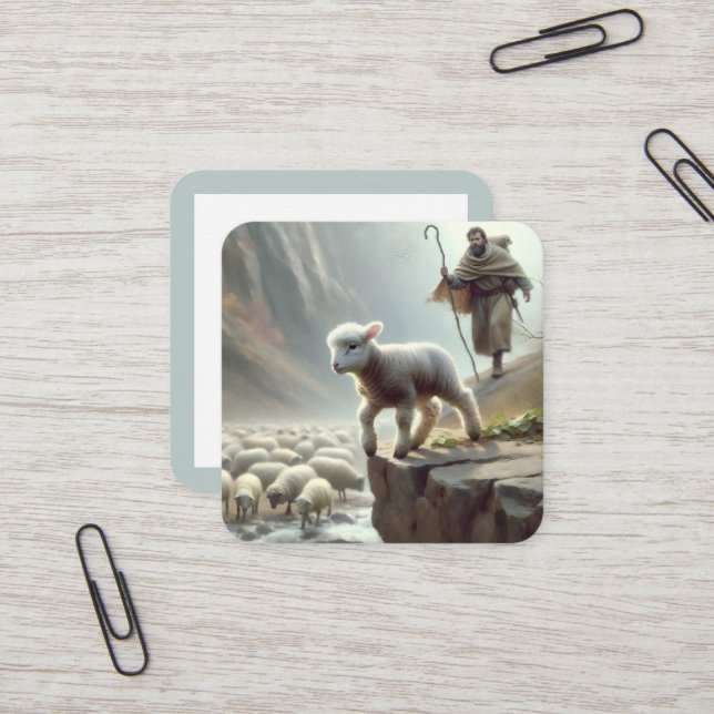 Shepherd Rescuing a Lamb on a Cliff Square Business Card (Front/Back In Situ)