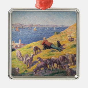 Shepherd With His Sheep Dogs Watching the Sea Metal Ornament