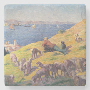Shepherd With His Sheep Dogs Watching the Sea Stone Coaster