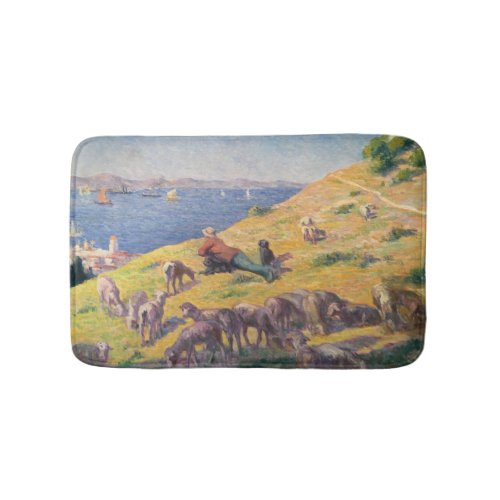 Shepherd With His Sheep Watching the Sea Bath Mat