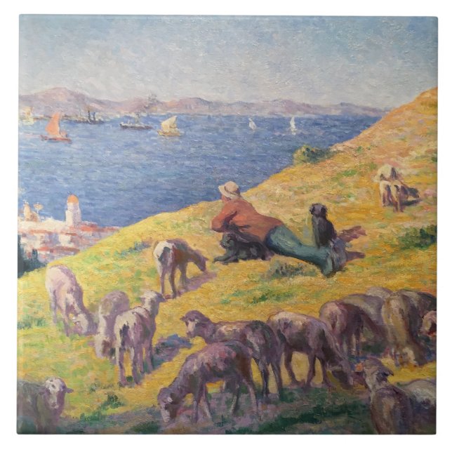 Shepherd With His Sheep Watching the Sea Ceramic Tile (Front)