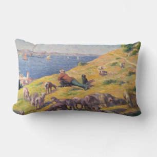 Shepherd With His Sheep Watching the Sea Lumbar Pillow