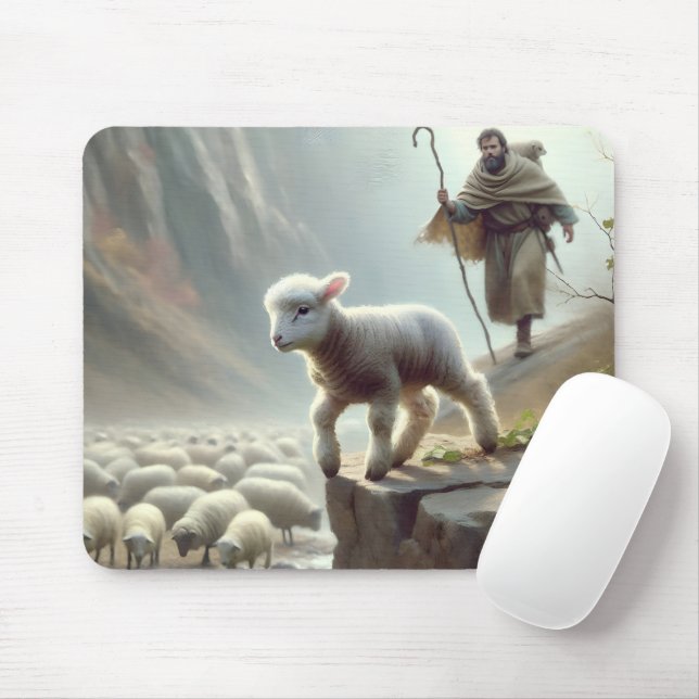 Shepherd With Lamb On Mountain Cliff Mouse Pad (With Mouse)