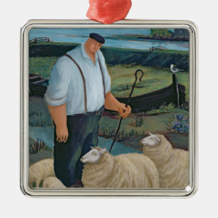 Shepherd with Sheep in River Landscape Metal Ornament