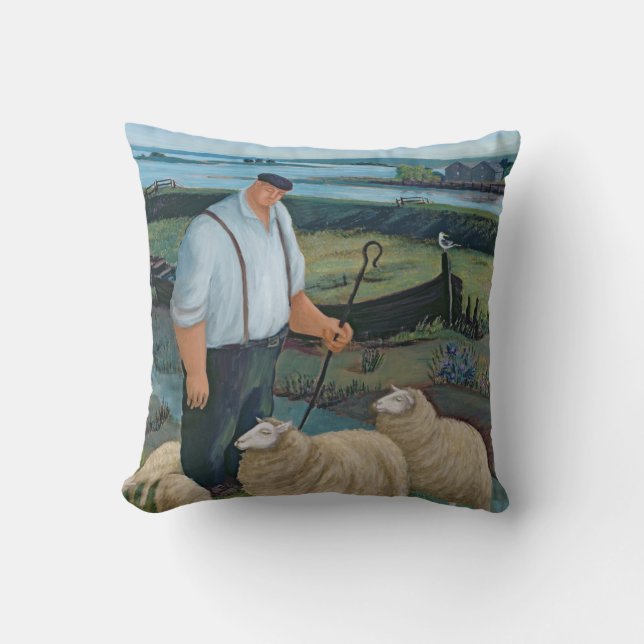 Shepherd with Sheep in River Landscape Throw Pillow (Front)