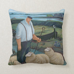 Shepherd with Sheep in River Landscape Throw Pillow